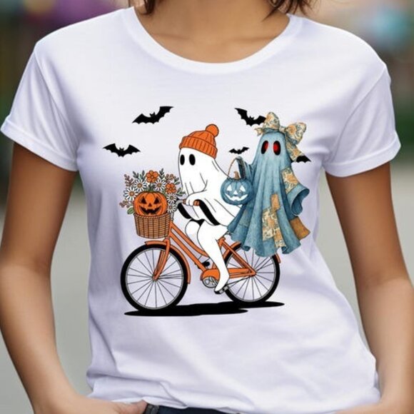 Halloween Blue Denim Ghost Tee, Funny Spooky Ghost Shirt - Picture 1 of 4